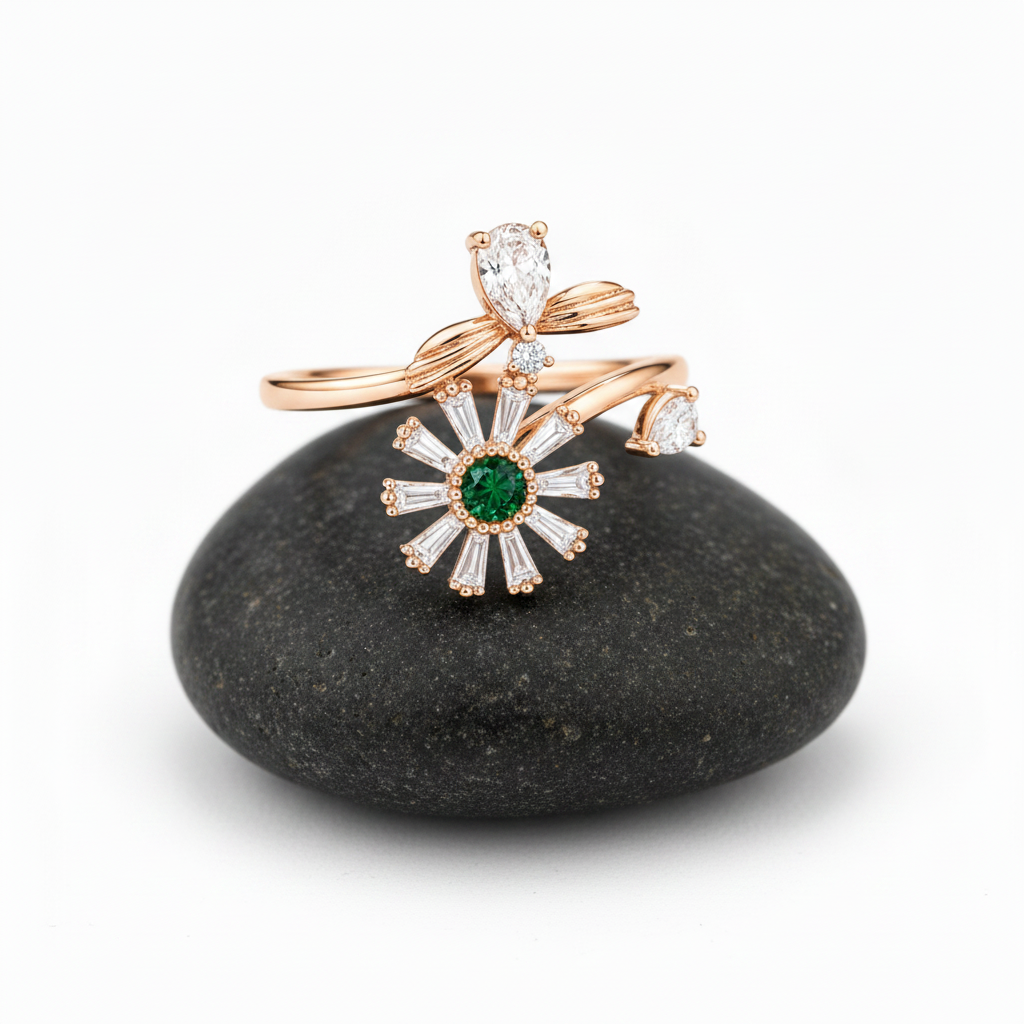NUGOLD Luxury 360° Rotating Daisy Ring with Emerald Green Stone