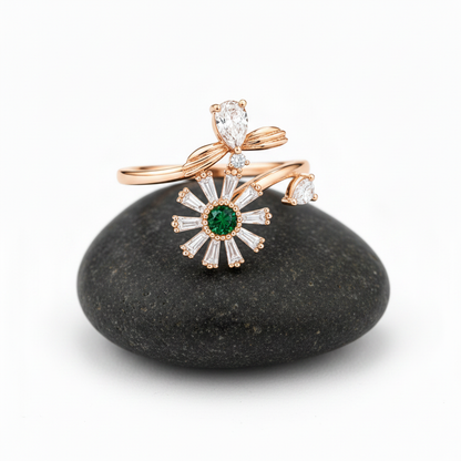 NUGOLD Luxury 360° Rotating Daisy Ring with Emerald Green Stone