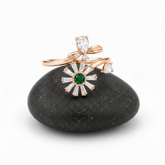 NUGOLD Luxury 360° Rotating Daisy Ring with Emerald Green Stone