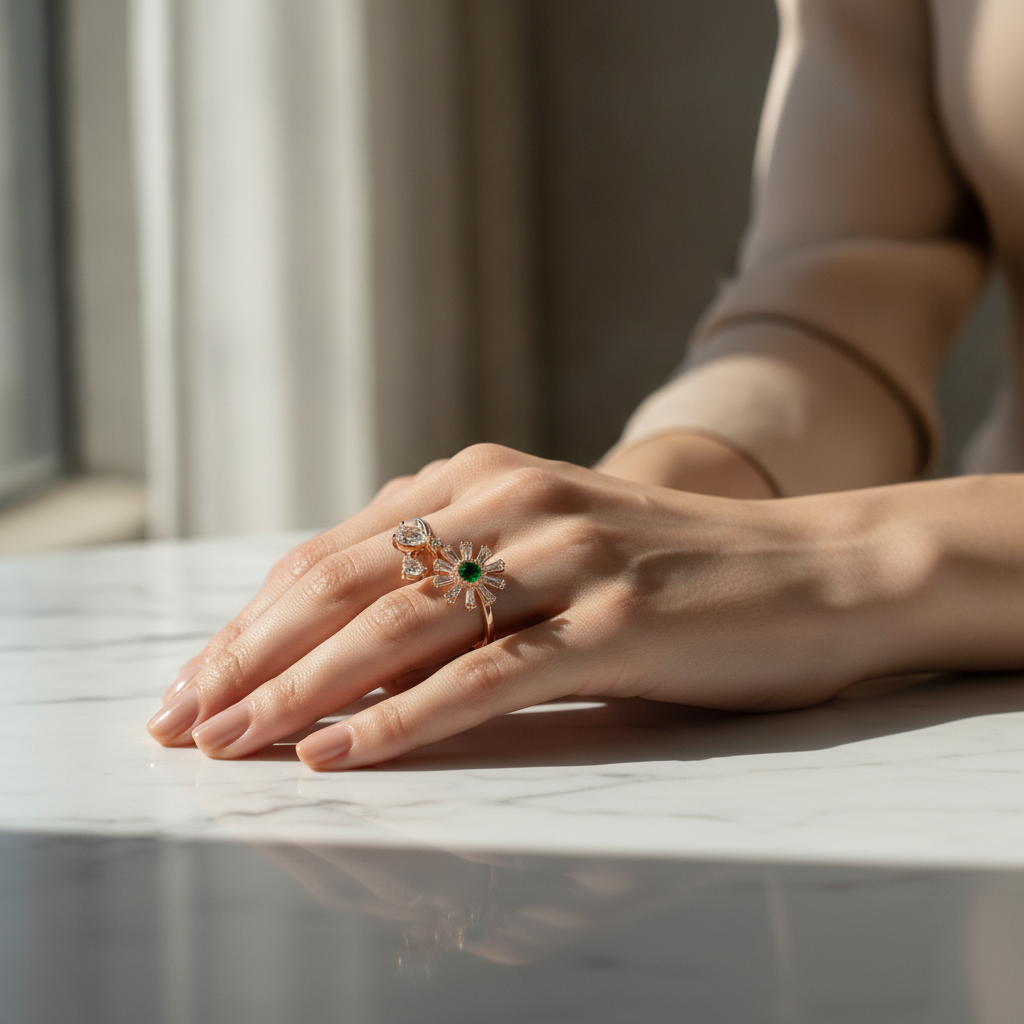 NUGOLD Luxury 360° Rotating Daisy Ring with Emerald Green Stone