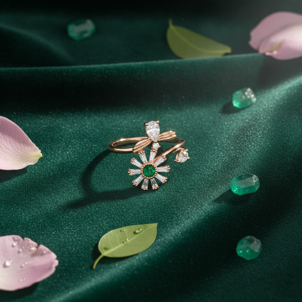 NUGOLD Luxury 360° Rotating Daisy Ring with Emerald Green Stone