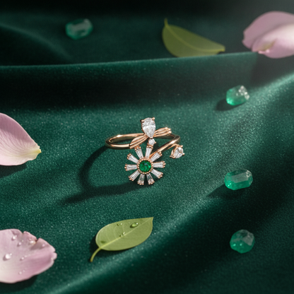 NUGOLD Luxury 360° Rotating Daisy Ring with Emerald Green Stone