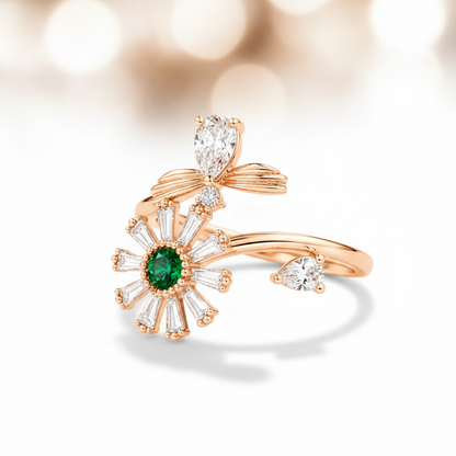 NUGOLD Luxury 360° Rotating Daisy Ring with Emerald Green Stone
