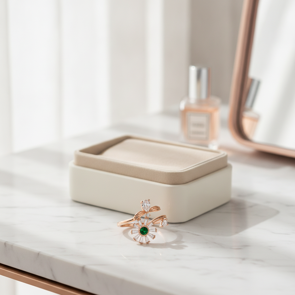 NUGOLD Luxury 360° Rotating Daisy Ring with Emerald Green Stone