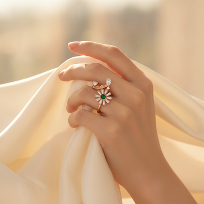 NUGOLD Luxury 360° Rotating Daisy Ring with Emerald Green Stone
