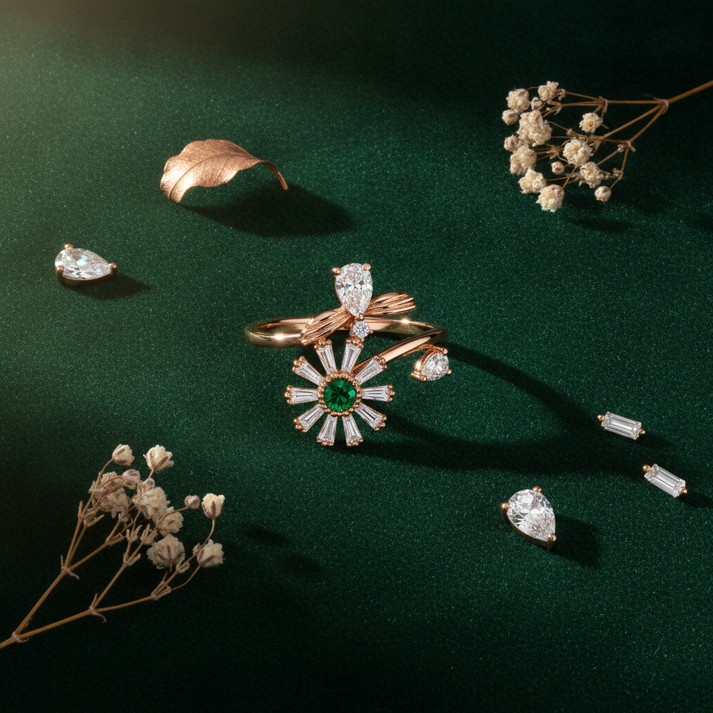 NUGOLD Luxury 360° Rotating Daisy Ring with Emerald Green Stone
