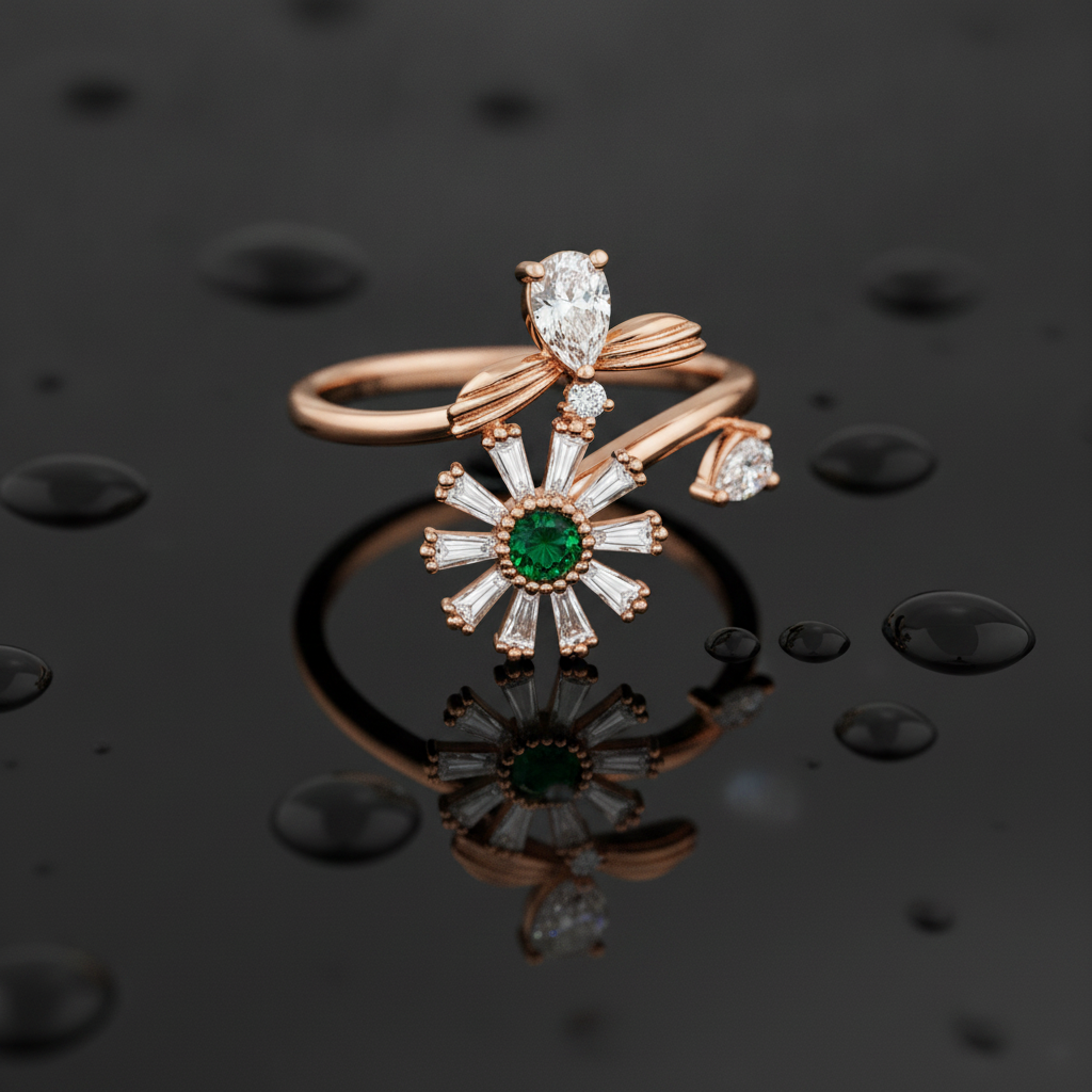 NUGOLD Luxury 360° Rotating Daisy Ring with Emerald Green Stone