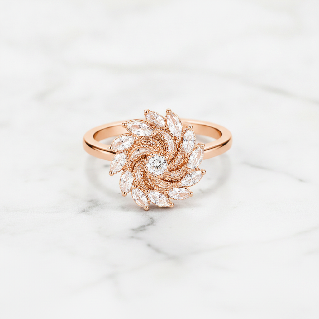 NUGOLD 360° Rotating Crystal Flower Ring for Women