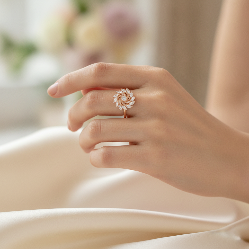 NUGOLD 360° Rotating Crystal Flower Ring for Women