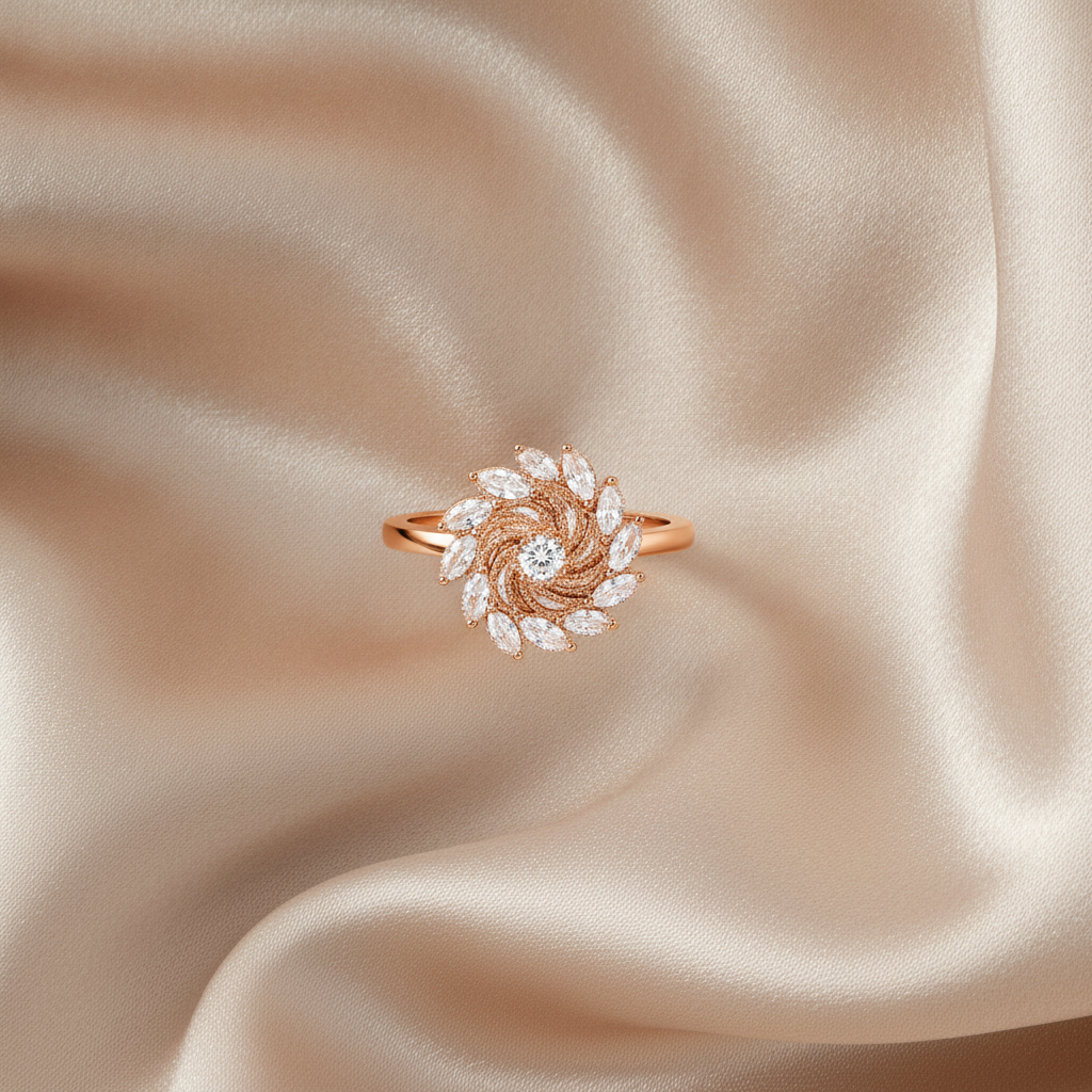 NUGOLD 360° Rotating Crystal Flower Ring for Women