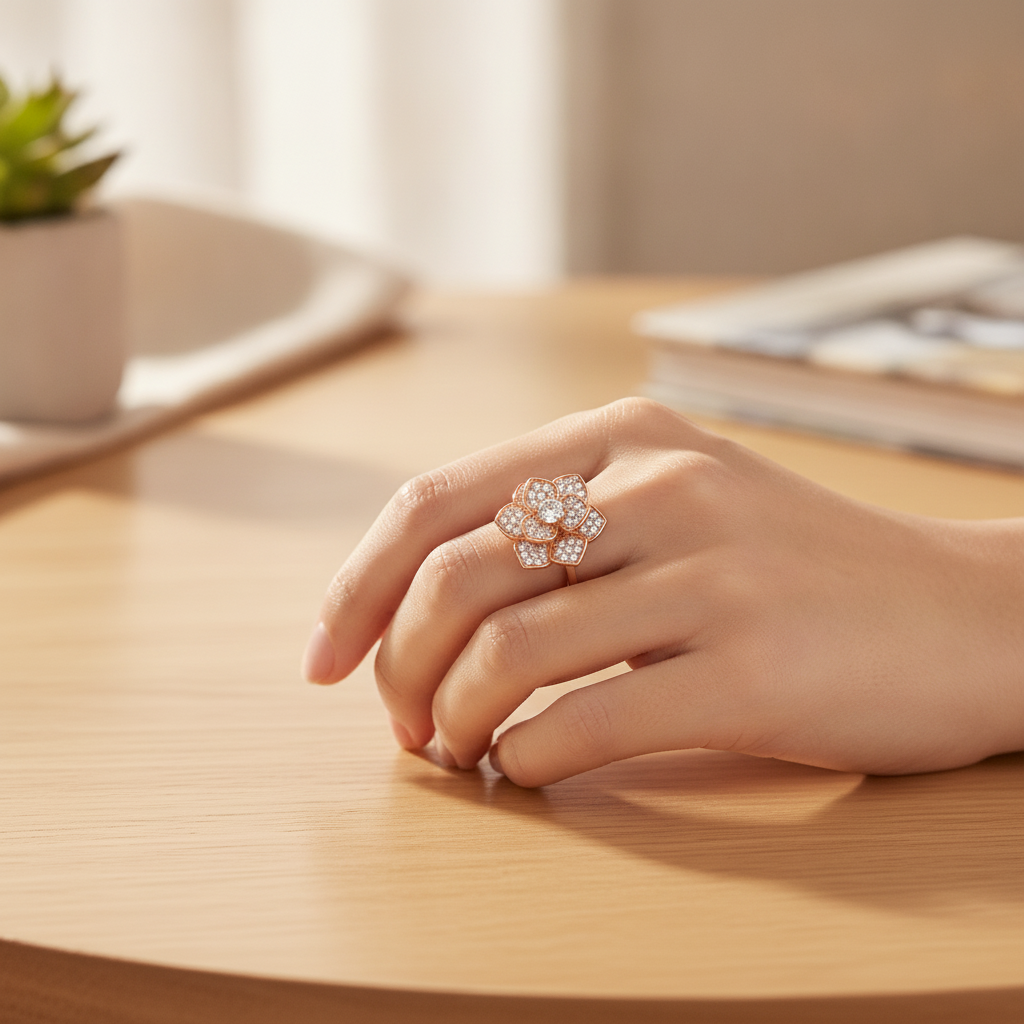 NUGOLD 360° Rotating Flower Spinner Ring for Women