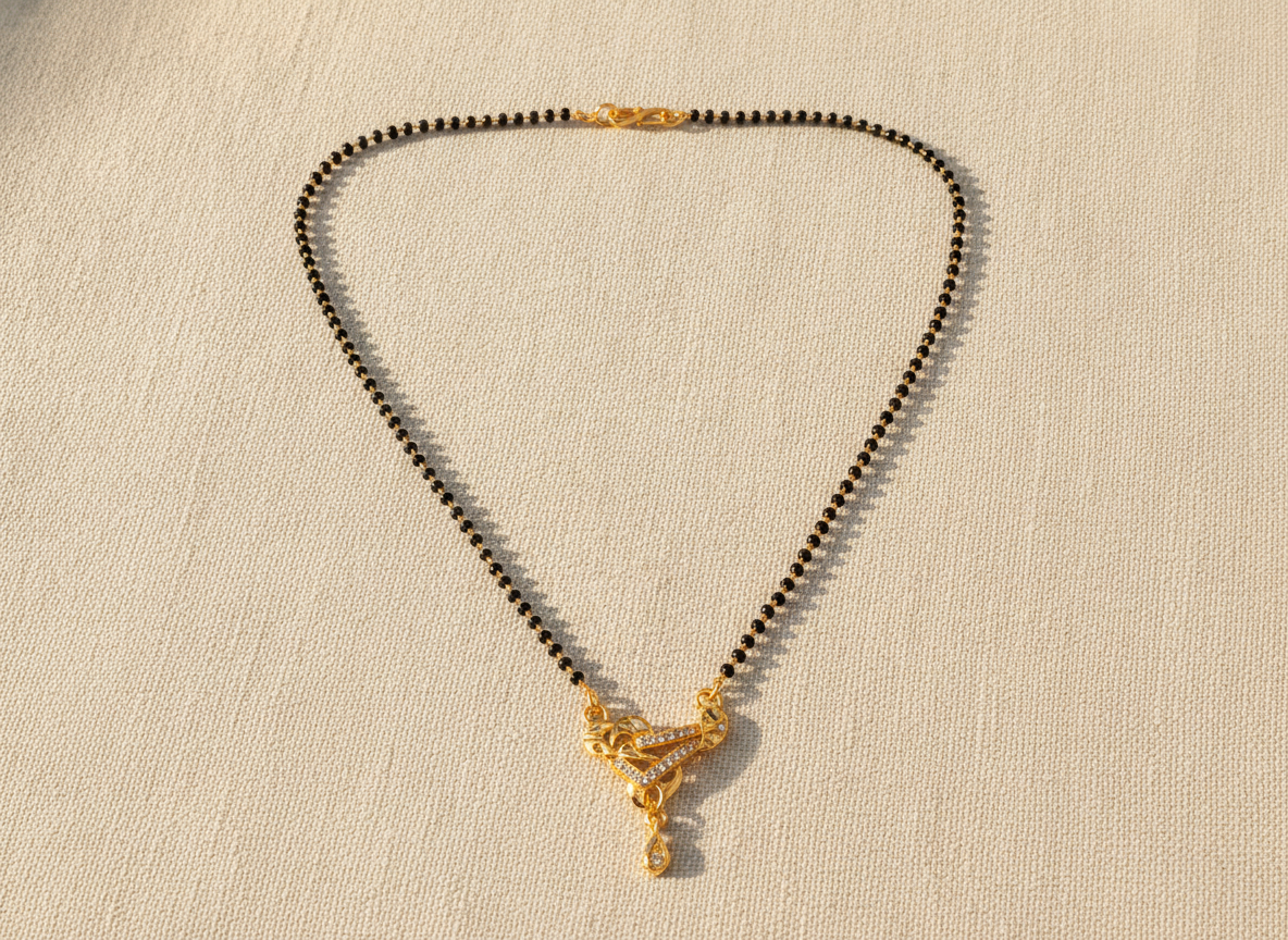 Premium CZ Triangle Pendant Mangalsutra with Black Beads Necklace