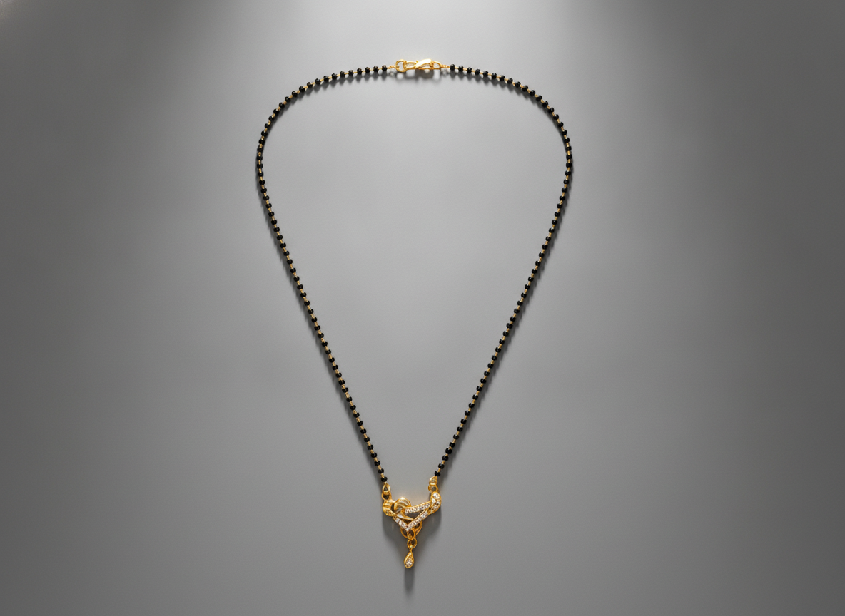 Premium CZ Triangle Pendant Mangalsutra with Black Beads Necklace