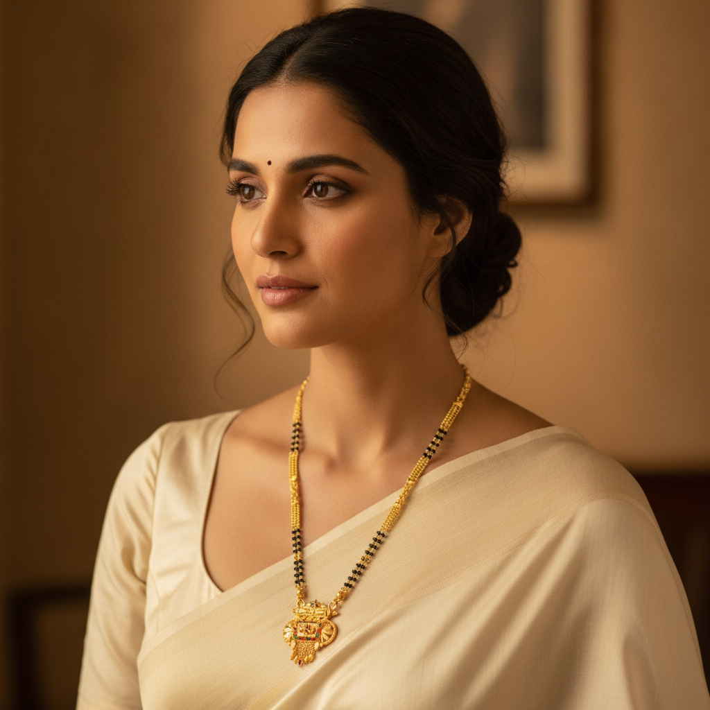 NUGOLD Traditional Multi-Strand Black Bead Mangalsutra with Antique Barrel Pendant