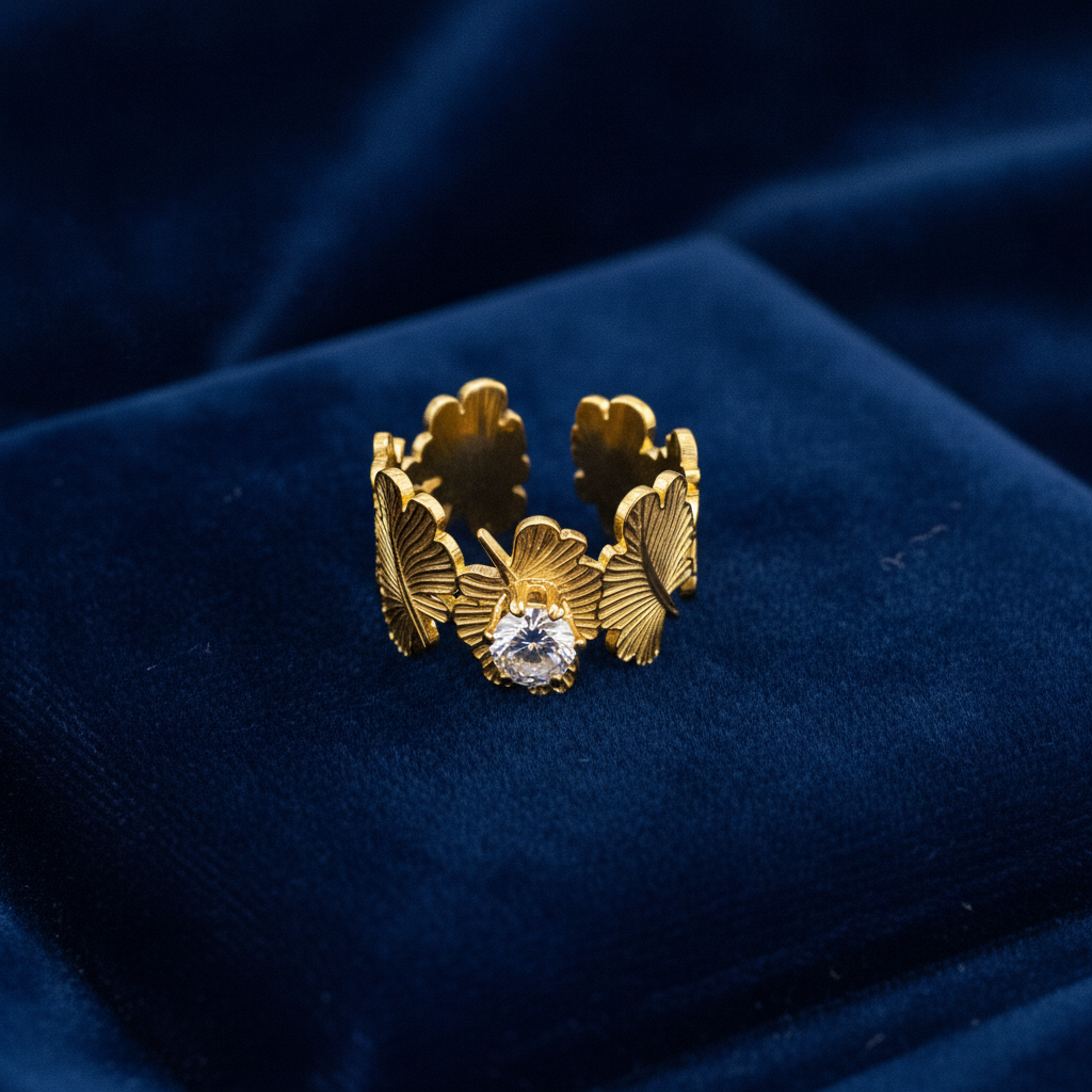 NUGOLD Leaf Adjustable Ring with Solitaire CZ Stone