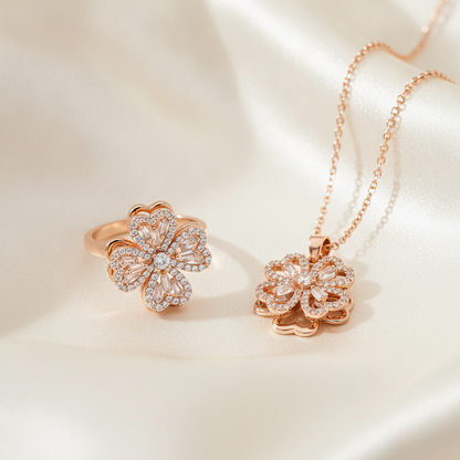 Elegant Rose Gold Floral CZ Pendant Necklace with Matching Designer Ring Set for Women