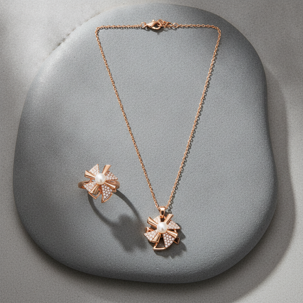 Elegant Rose Gold Pinwheel Pearl & CZ Pendant Necklace with Matching Ring Combo Set for Women