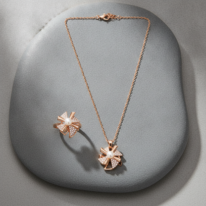 Elegant Rose Gold Pinwheel Pearl & CZ Pendant Necklace with Matching Ring Combo Set for Women