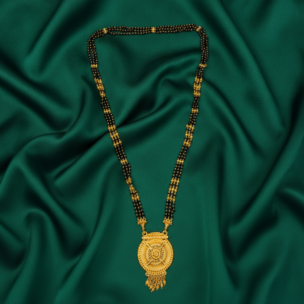 Designer Black Bead Mangalsutra with Heritage Round Pendant for Women