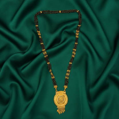 Designer Black Bead Mangalsutra with Heritage Round Pendant for Women