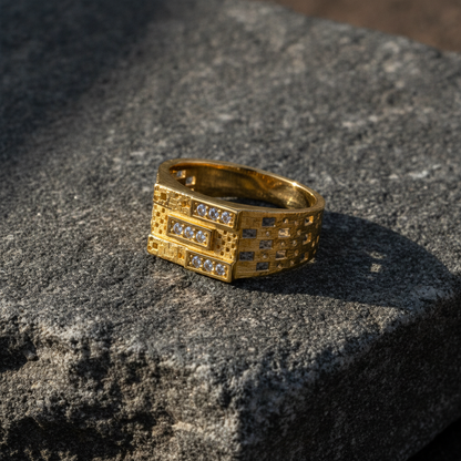 Royal Triple-Bar Crystal Grid Statement Ring for Men