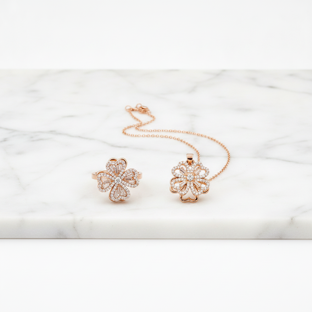 Elegant Rose Gold Floral CZ Pendant Necklace with Matching Designer Ring Set for Women