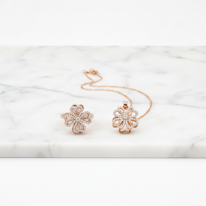 Elegant Rose Gold Floral CZ Pendant Necklace with Matching Designer Ring Set for Women