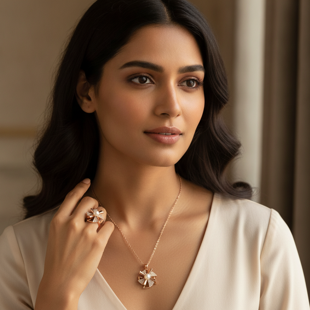 Elegant Rose Gold Pinwheel Pearl & CZ Pendant Necklace with Matching Ring Combo Set for Women