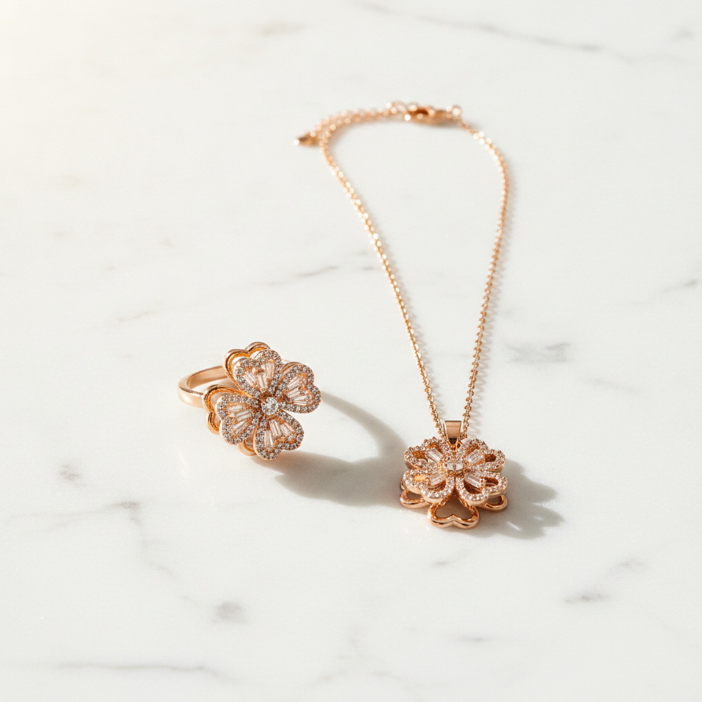 Elegant Rose Gold Floral CZ Pendant Necklace with Matching Designer Ring Set for Women