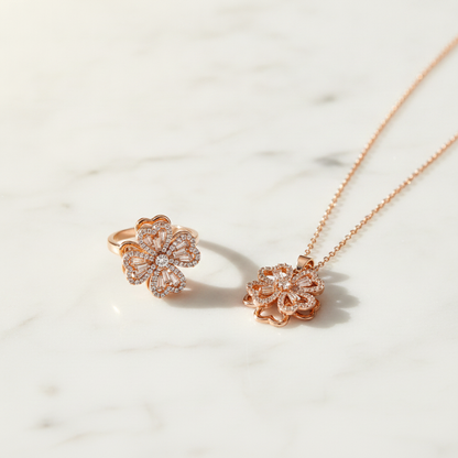 Elegant Rose Gold Floral CZ Pendant Necklace with Matching Designer Ring Set for Women