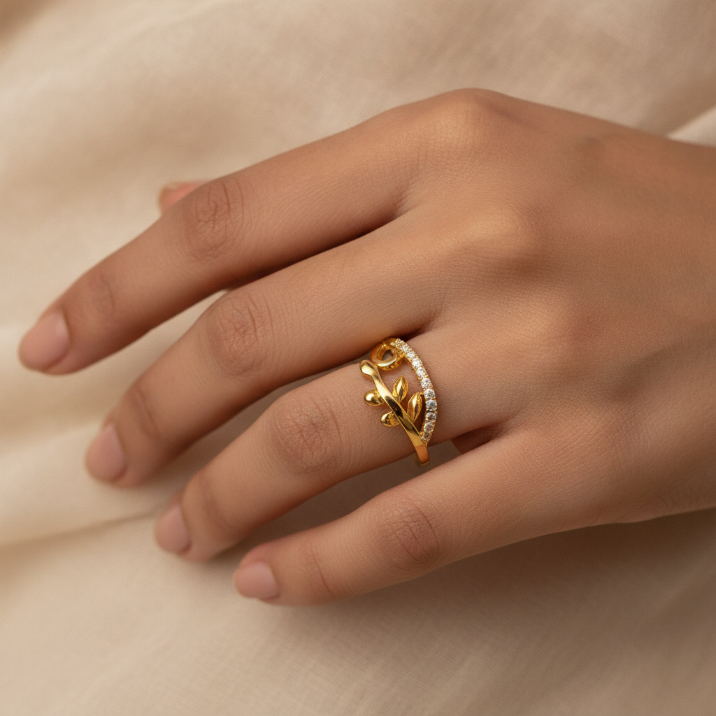 NUGOLD Nature Inspired Leaf Open Ring with Cubic Zirconia