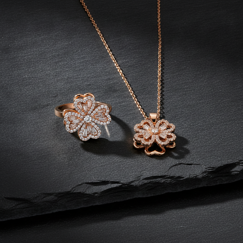 Elegant Rose Gold Floral CZ Pendant Necklace with Matching Designer Ring Set for Women