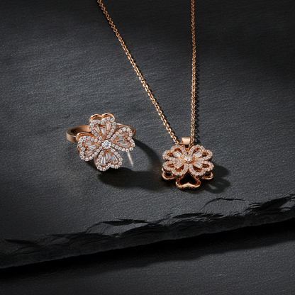 Elegant Rose Gold Floral CZ Pendant Necklace with Matching Designer Ring Set for Women