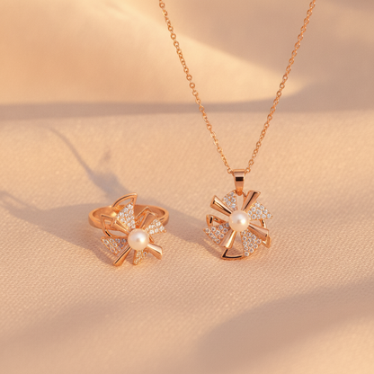Elegant Rose Gold Pinwheel Pearl & CZ Pendant Necklace with Matching Ring Combo Set for Women