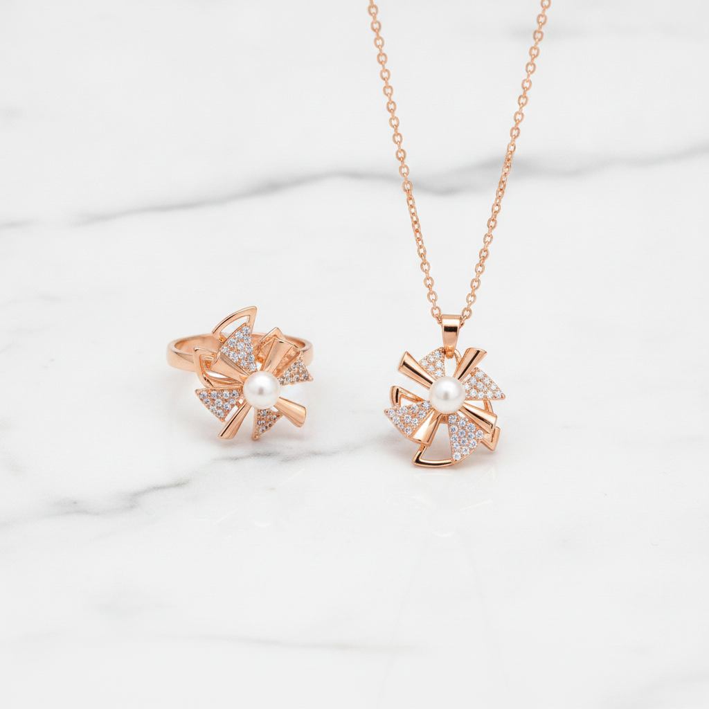 Elegant Rose Gold Pinwheel Pearl & CZ Pendant Necklace with Matching Ring Combo Set for Women