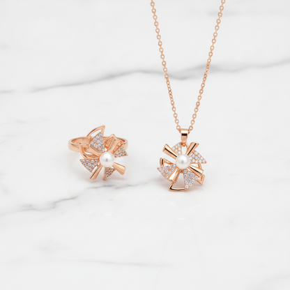 Elegant Rose Gold Pinwheel Pearl & CZ Pendant Necklace with Matching Ring Combo Set for Women
