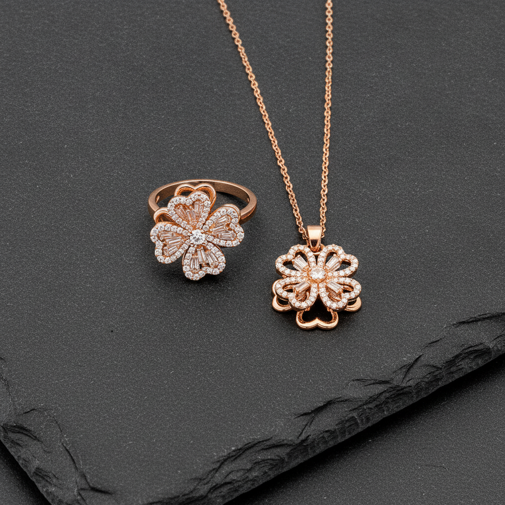 Elegant Rose Gold Floral CZ Pendant Necklace with Matching Designer Ring Set for Women