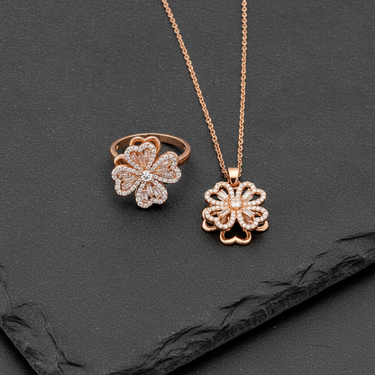 Elegant Rose Gold Floral CZ Pendant Necklace with Matching Designer Ring Set for Women