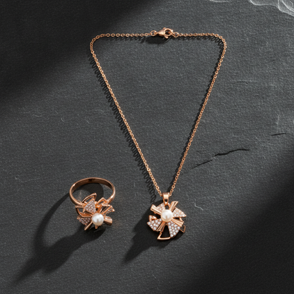 Elegant Rose Gold Pinwheel Pearl & CZ Pendant Necklace with Matching Ring Combo Set for Women