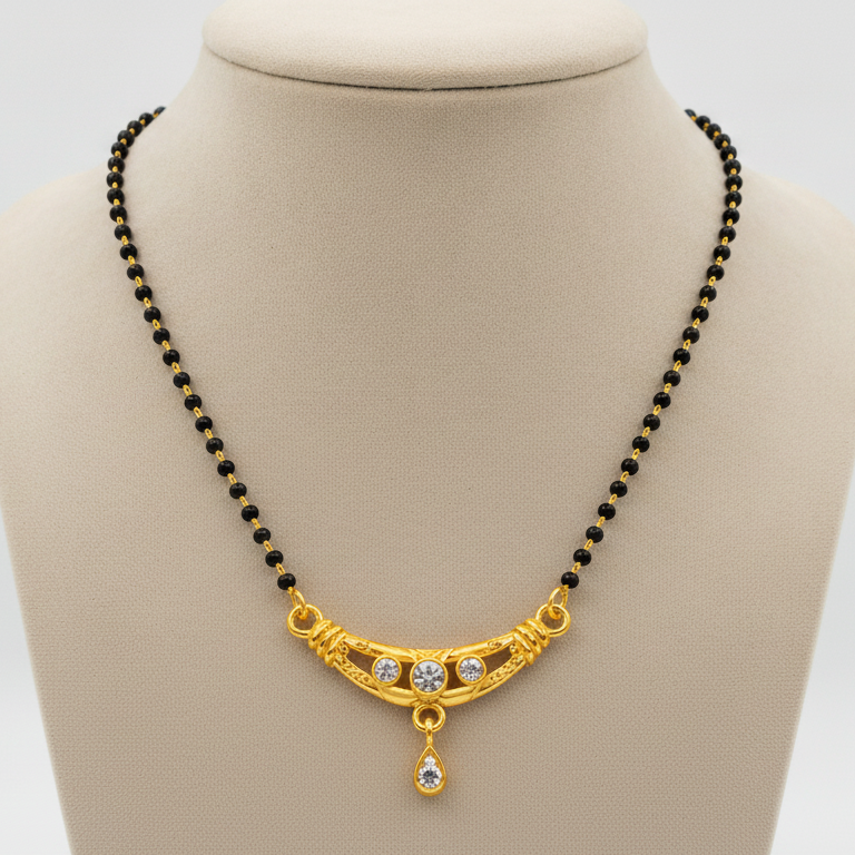 Traditional Black Bead Mangalsutra with Designer CZ Pendant