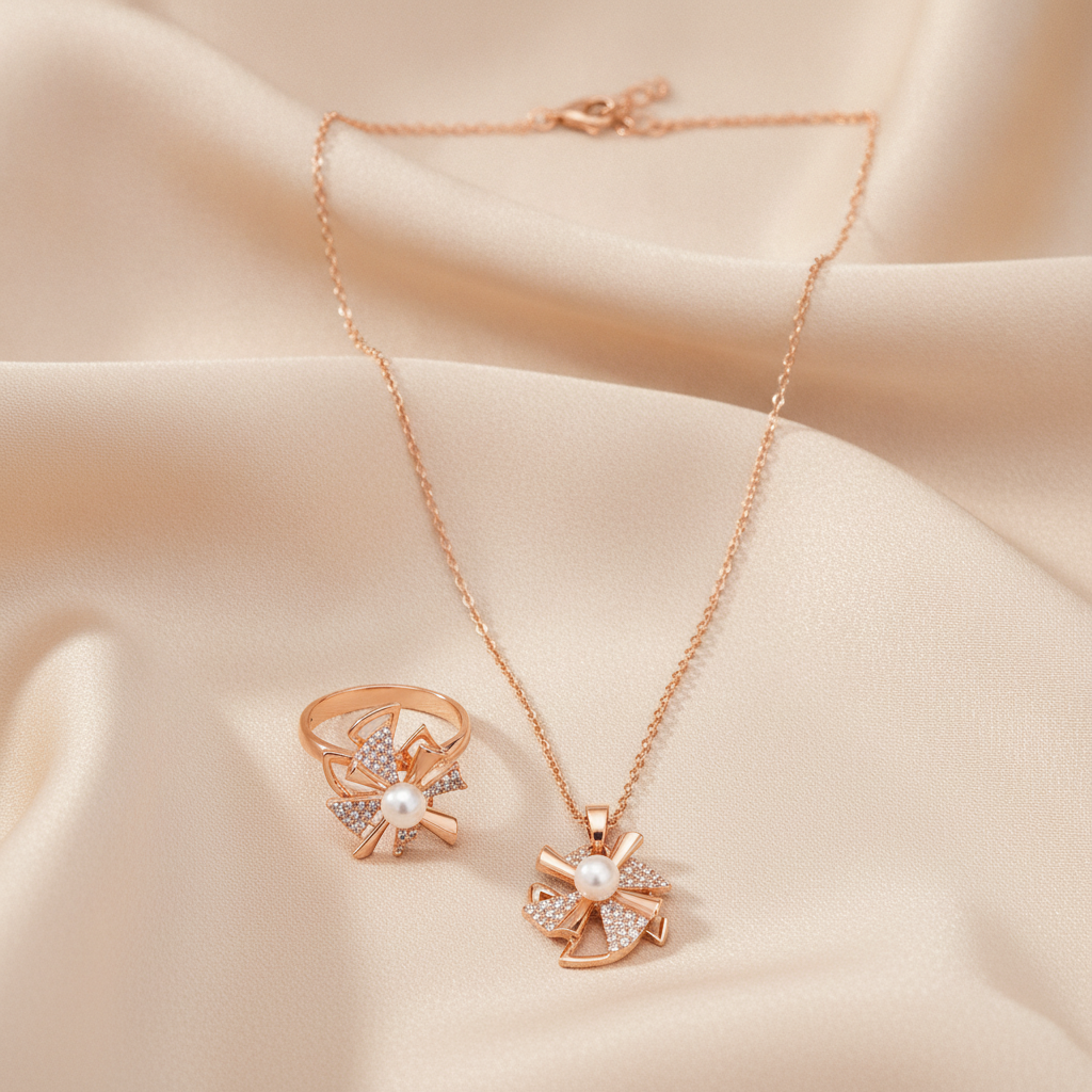 Elegant Rose Gold Pinwheel Pearl & CZ Pendant Necklace with Matching Ring Combo Set for Women