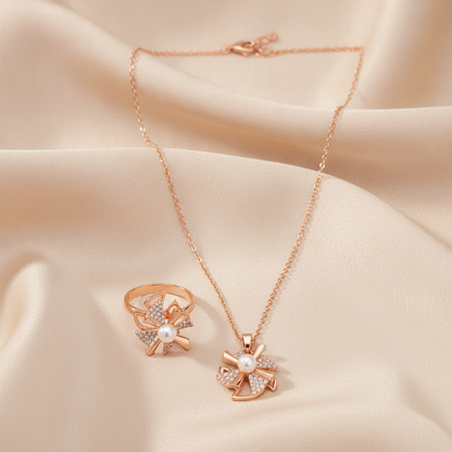 Elegant Rose Gold Pinwheel Pearl & CZ Pendant Necklace with Matching Ring Combo Set for Women