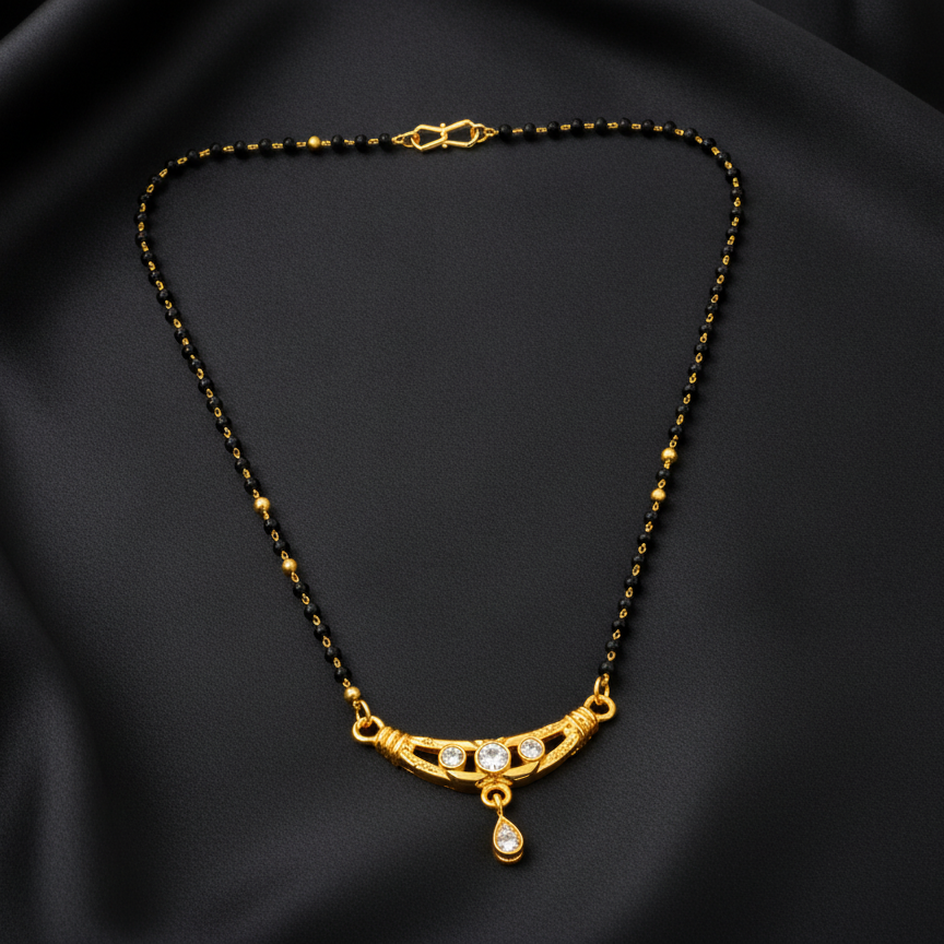 Traditional Black Bead Mangalsutra with Designer CZ Pendant