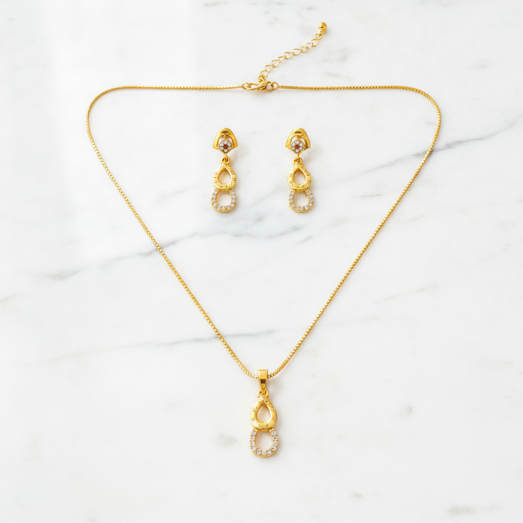 Elegant Double Teardrop CZ Pendant Necklace Set with Matching Drop Earrings for Women