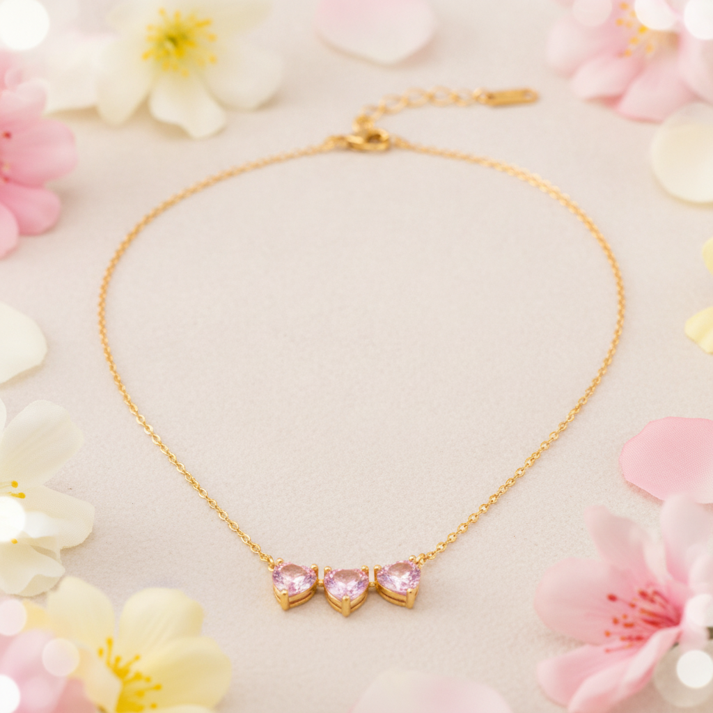 NUGOLD Triple Pink Heart Crystal Necklace for Women & Girls