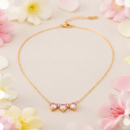NUGOLD Triple Pink Heart Crystal Necklace for Women & Girls