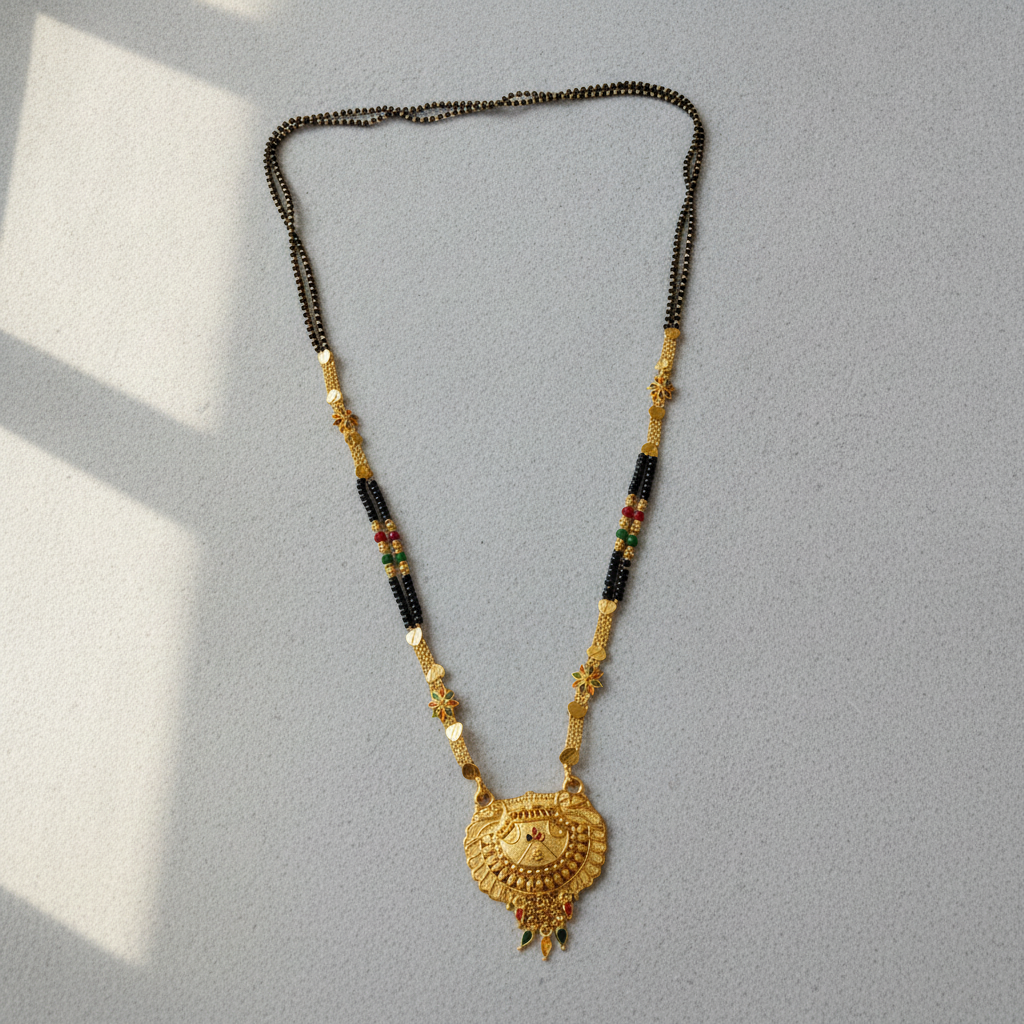 NUGOLD Royal Heritage Black Bead Mangalsutra with Antique Peacock Pendant