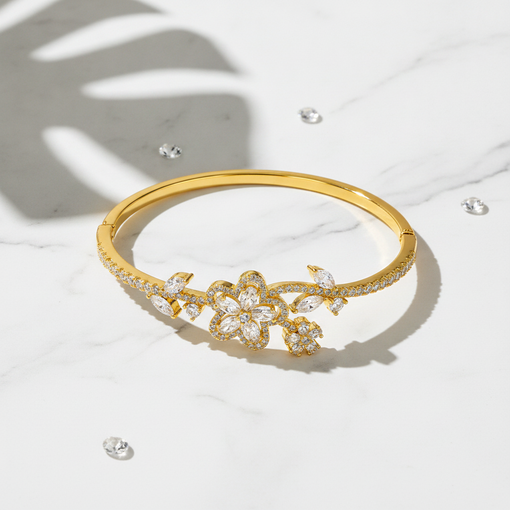 Luxury Floral CZ Open Kada Bracelet for Women