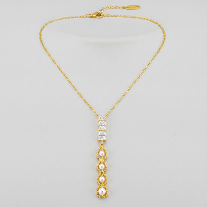 Elegant Crystal Bar & Pearl Drop Pendant Necklace