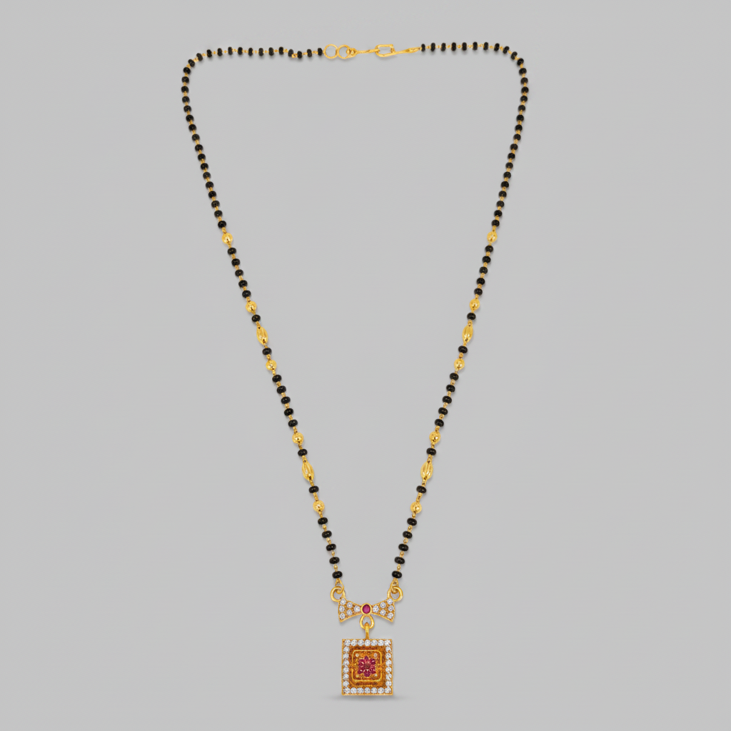 Elegant Black Bead Mangalsutra with Sparkling CZ Bow and Ruby Pendant